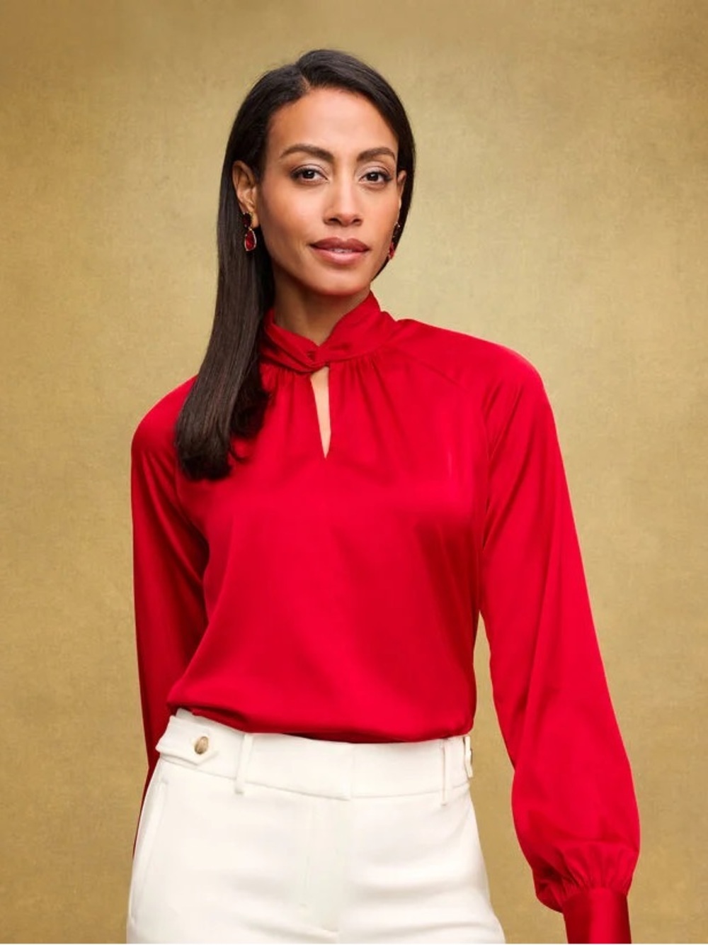 Talbots Red Keyhole Mock-Neck Blouse - Picture 3 of 15